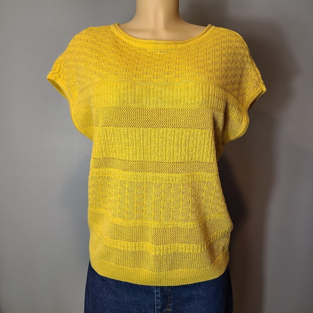 Style & Co Cap Sleeve Sweater Women Sz Small‎ Yellow Open Knit Relaxed Coastal